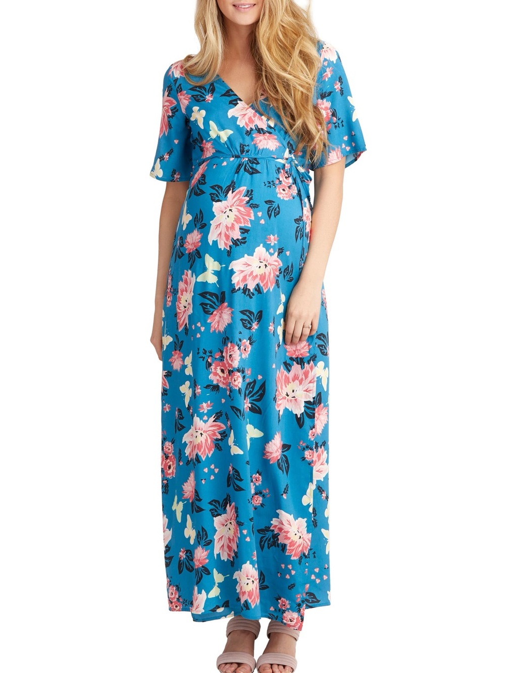 NOM Landon Maxi Wrap Maternity Nursing Dress Size XL Floral V Neck Blue